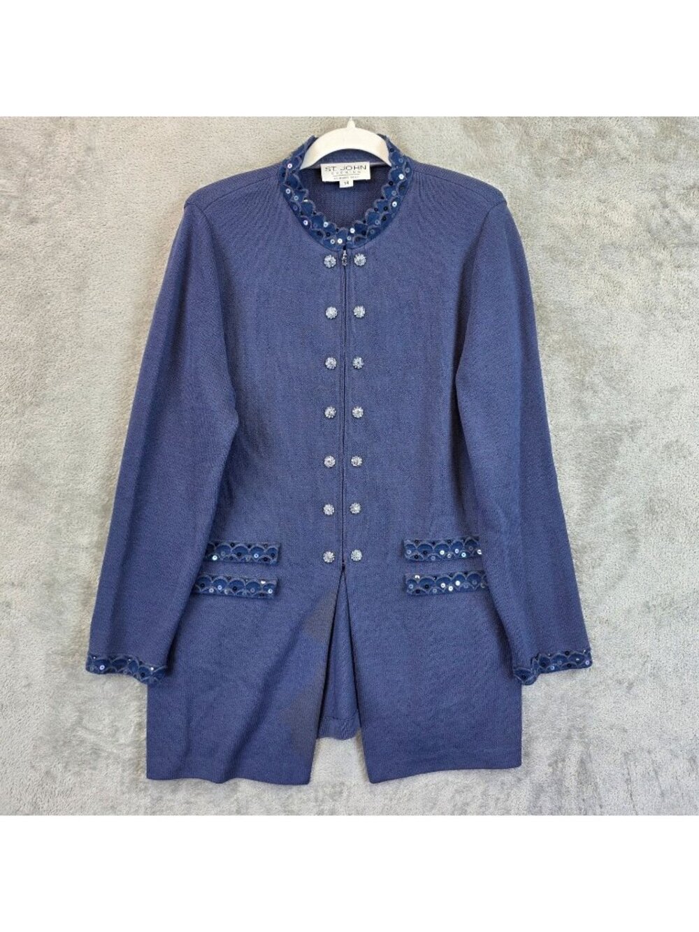 Vintage St. John Evening Cardigan Sweater Womens 14 Blue Sequin Knit Button Trim